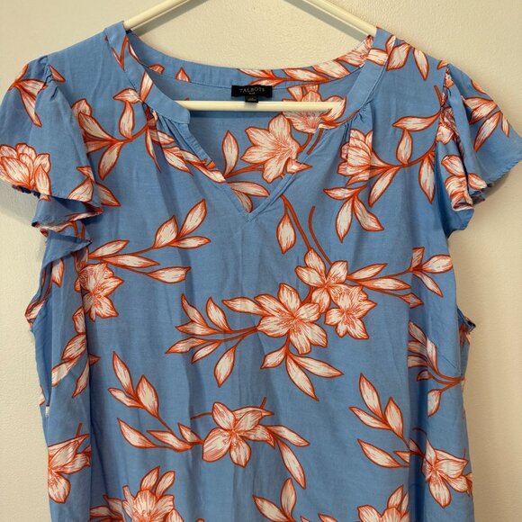 Talbots Womens Plus Size 1X Blue & Orange Floral Print Short Sleeve V-Neck Top - Picture 4 of 6
